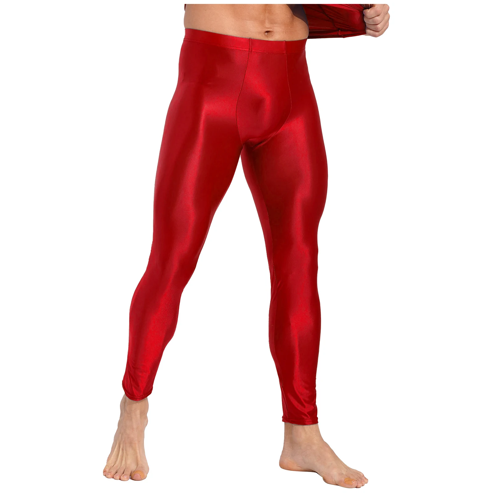 Men\'s Glossy Oil Tights Long Pants Skinny Leg Trousers Underwear Solid Color Leggings for Exercise Running Gym Fitness Workout