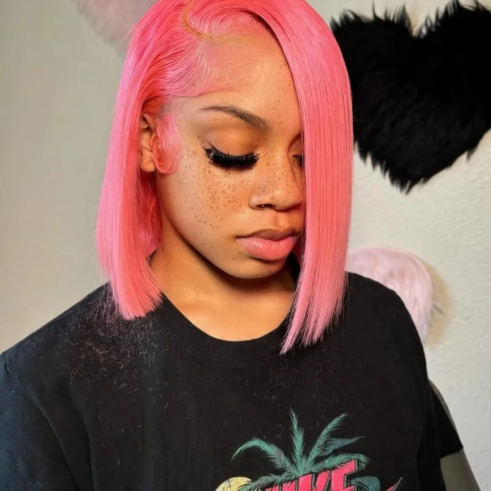 

Бразильские розово-розовые прямые парики боб, предварительно выщипанные человеческие волосы, цветные 13x4, прямые прозрачные кружевные фронтальные короткие парики боб