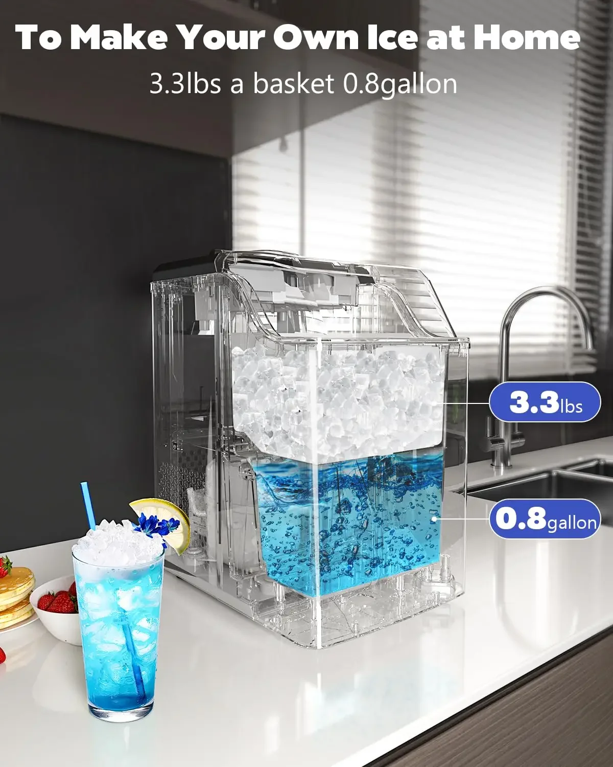 Máquina compacta de hielo para encimera con capacidad de 45lbs/día, máquina de hielo triturado para encimera con temporizador de 24H, autolimpieza