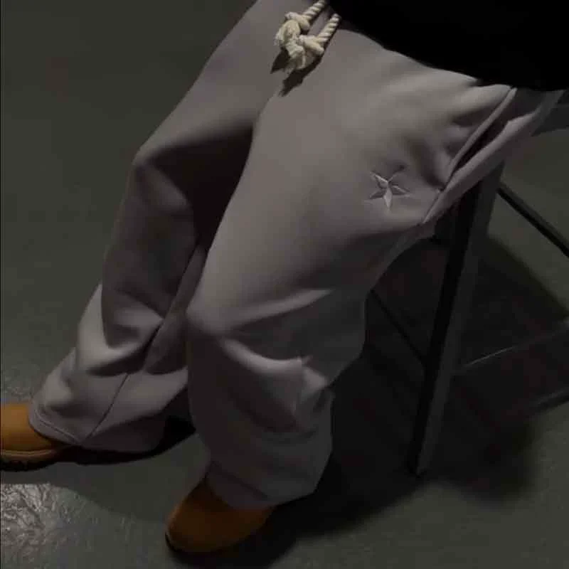 Trendy brand high-quality embroidery men's sweatpants, high street trousers, double waistband, loose drawstring women's wide-leg