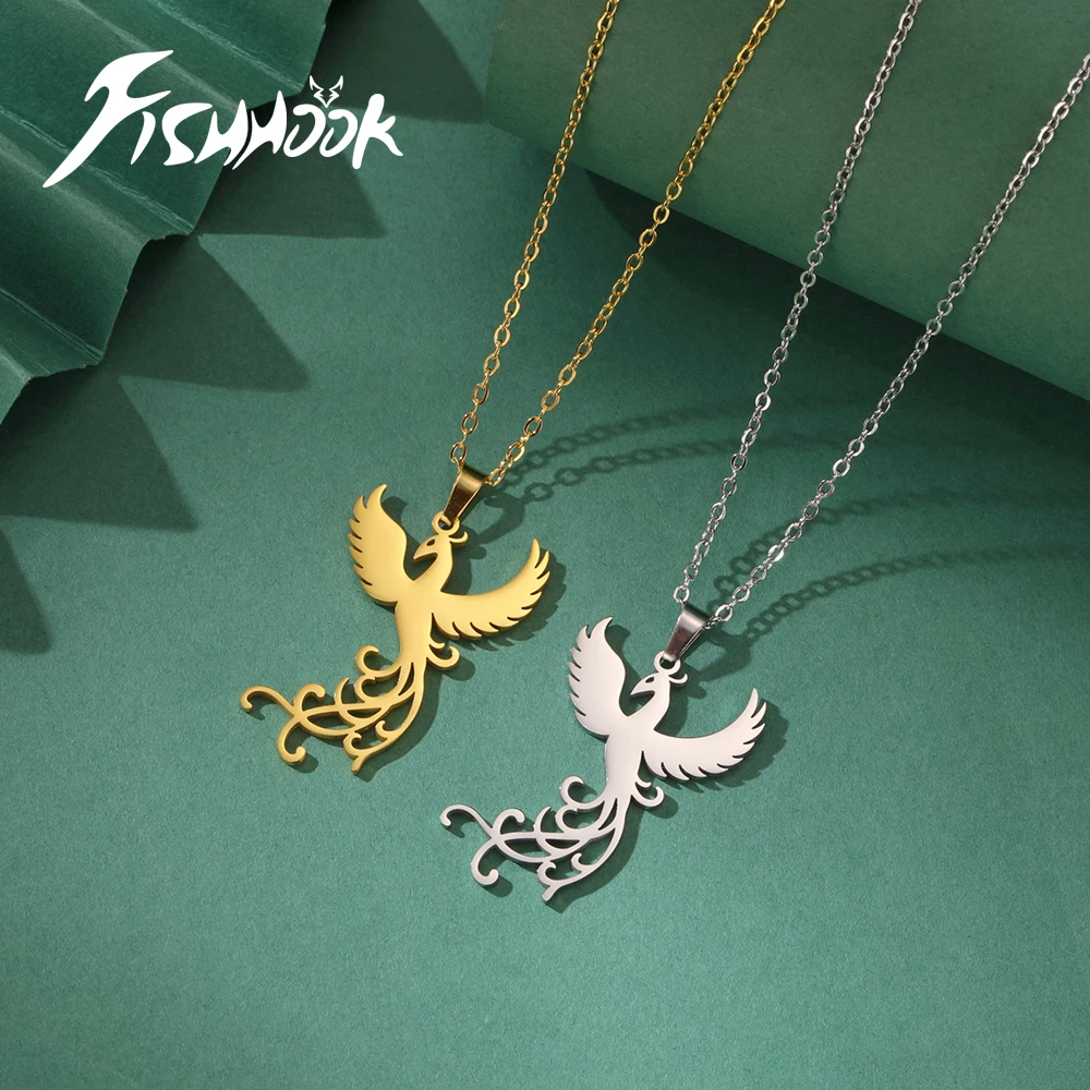 Fishhook Phoenix Necklace Gift for Woman Men Kid Child Reborn God Bird Supernatural Amulet Stainless Steel Double Chain Jewelry