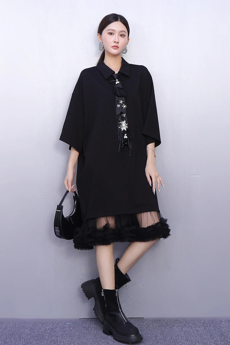 2025年秋新作 エレガントな女性用ルーズメッシュスプライシングTシャツワンピース 女性用長袖ワンピース 卸売 J2039