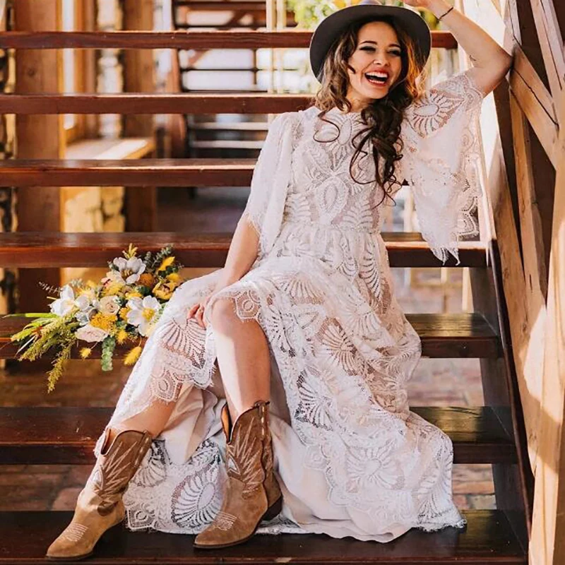 Vestido de novia bohemio de encaje de ganchillo, prenda de manga corta, estilo Hippie, con espalda abierta, para playa, 2022