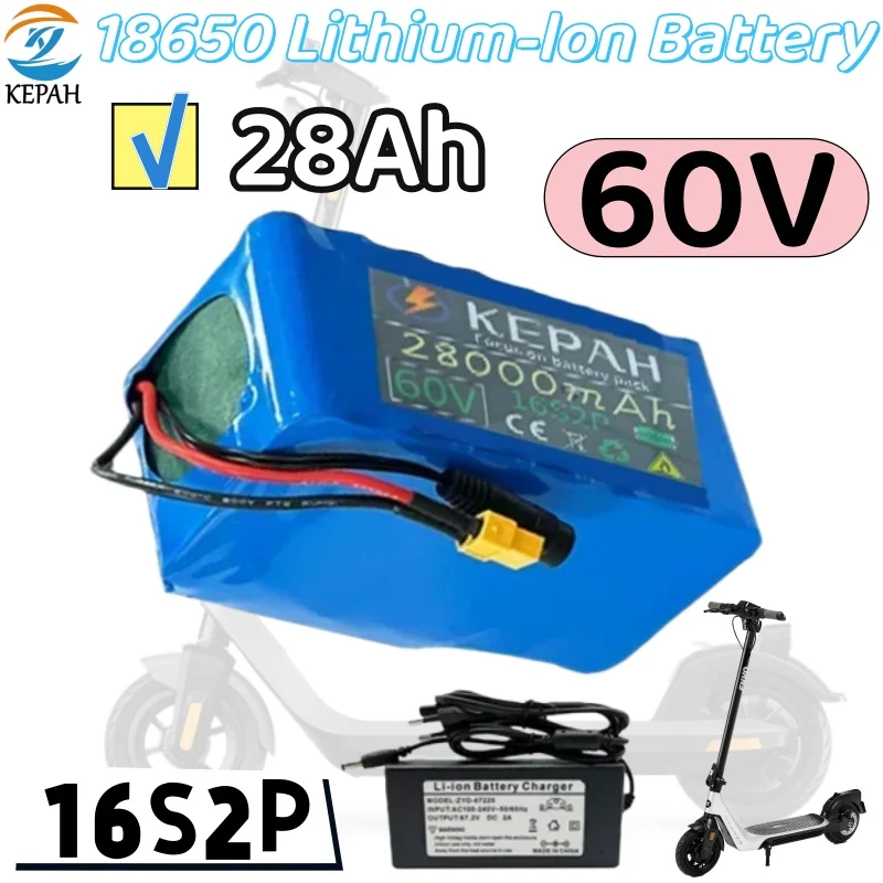 

60V 28Ah 16S2P 18650 Lithium Battery Pack | 28000mAh Electric Li-ion Battery with Charger, Fits E-Bikes/Scooters/Toys