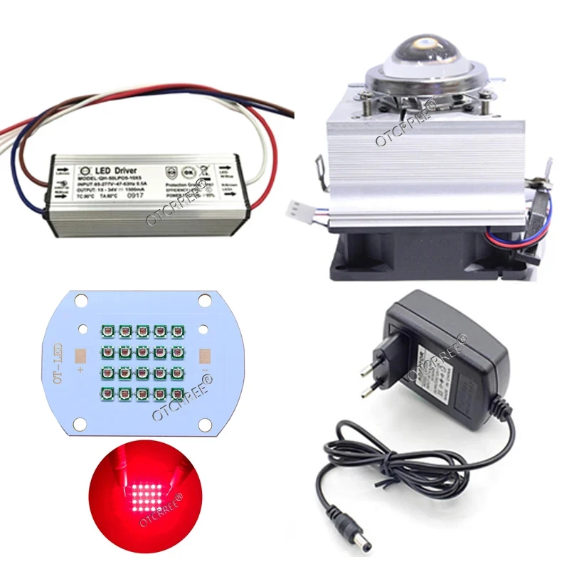 High Power LED Chip 660nm Deep Red LED Grow Light 660 nm 50W 60W COB Emitter+Driver+heatsink+cooler+lens reflector