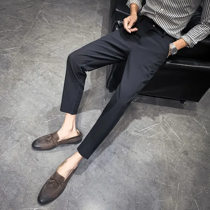 Draped Fluid Black Men\'s Summer Pants Solid Color Male Suit Trousers New in Elegant Slacks Formal Cheap Fabric Tailoring 2024 Up