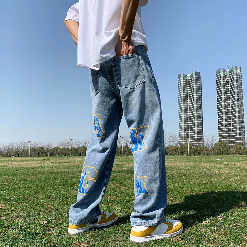 Trousers Straight Jeans for Men with Print Male Cowboy Pants Star 90s Streetwear Buggy Original Oversize Korean Style Cotton Xs