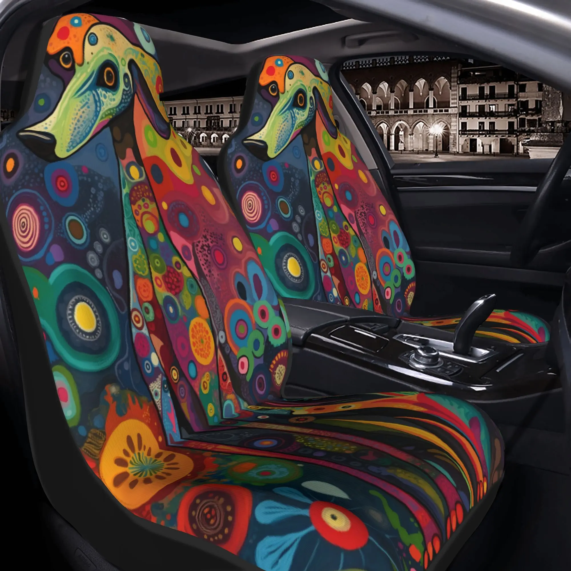 2pcs Vibrant Abstract Dog Art: Colorful Circles And Swirls In A Psychedelic TapestryCar Seat Covers, Suitable For All Vehicles,