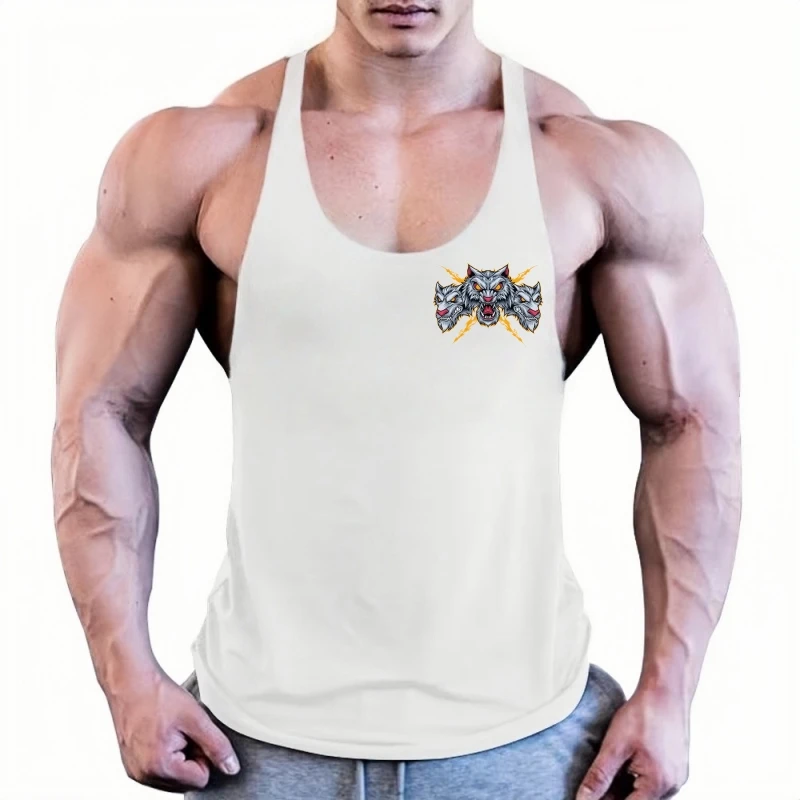 قميص بدون أكمام للرجال لعام 2025 - قميص داخلي للياقة البدنية بقصة ضيقة مع ثلاثة رؤوس وولف لايتنينج مطبوع من القطن لصالة الألعاب الرياضية وكمال الأجسام