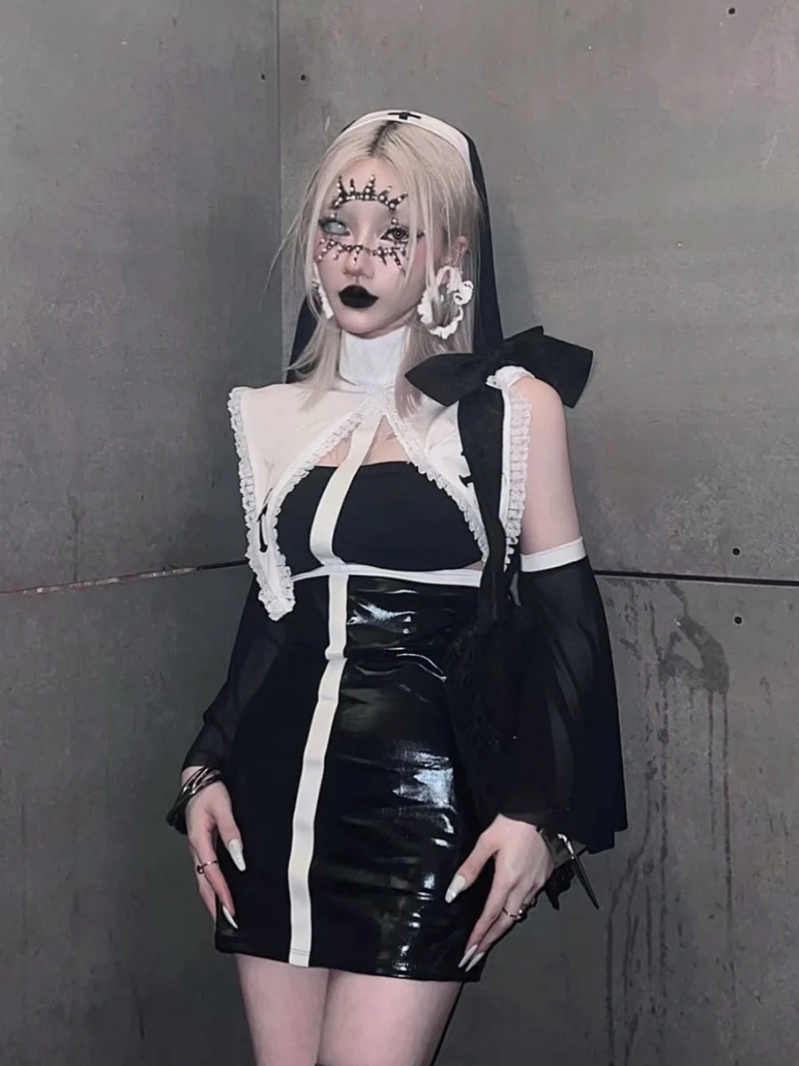 

Bar Club loween New Nun Skirt Suit GOGO Particle ow Interaction DS Performance Leather Nun Outfit Sexy School Girl Costume