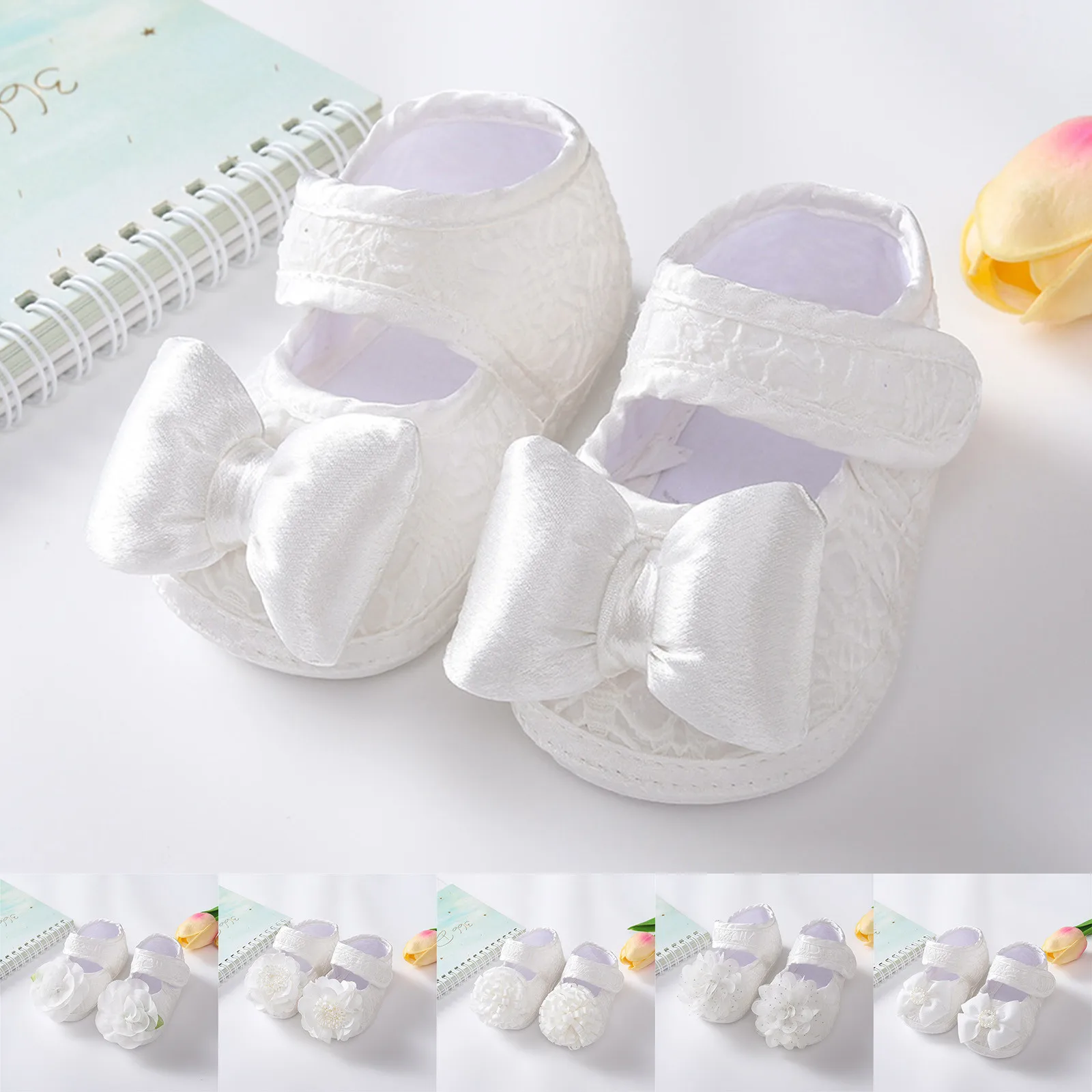 

Spring Infant Baby Girl Shoes Newborn Lace Flowers Headband Anti-Slip Soft Sole First Walkers Toddler Kids Cotton Baptism Shoes