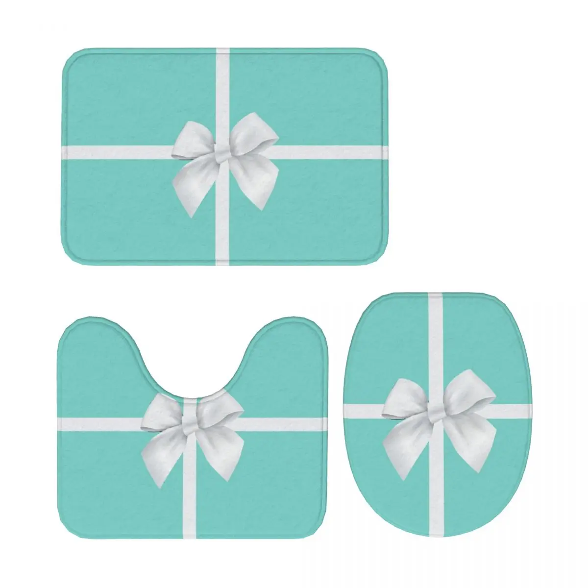 

Turquoise Gift Box White Bow 3 Piece Bath Mat Bathroom Set Toilet Lid Cover Home Decor Non-Slip Carpet Floor Rug