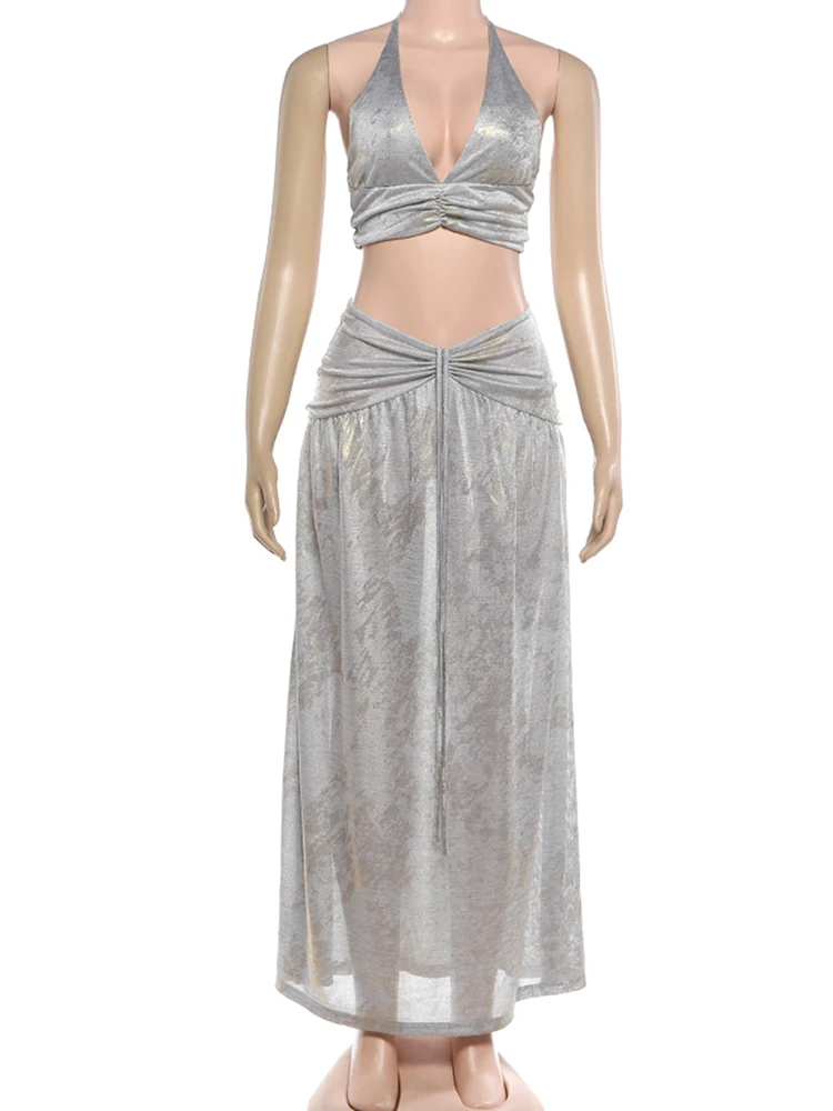 Cutenew Sexy Backless 2-delige set Dames Halter Lace-Up Tank Top + Trekkoord Ruches Perzik Hippe Rok Slanke Vakantie Feestoutfits