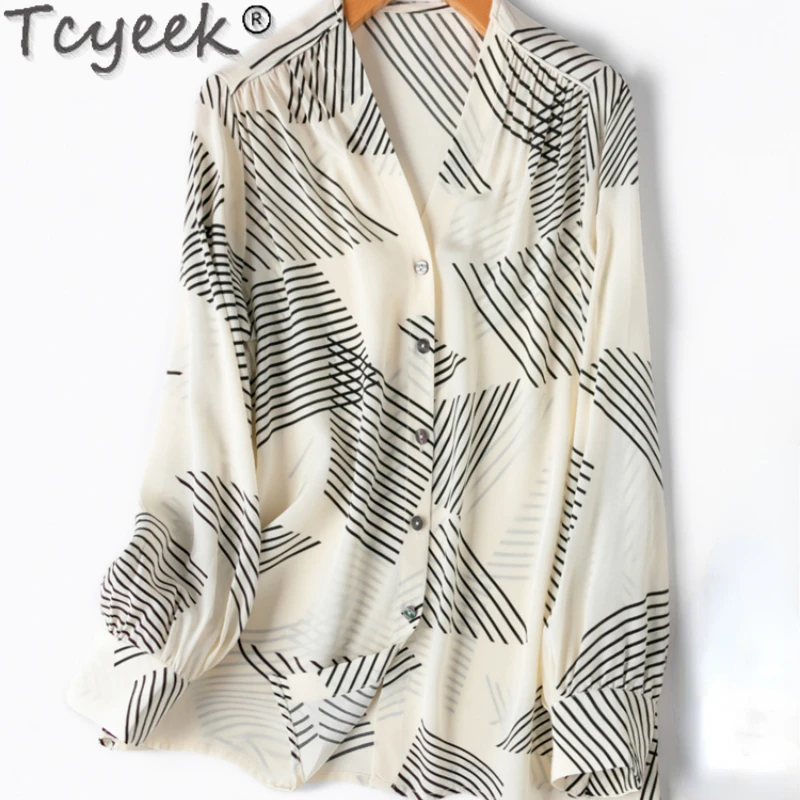 

Tcyeek 20MM Real Silk Shirts for Women 2024 Summer Clothes Elegant Long Sleeve Top 100% Mulberry Silk Women's Shirt Striped