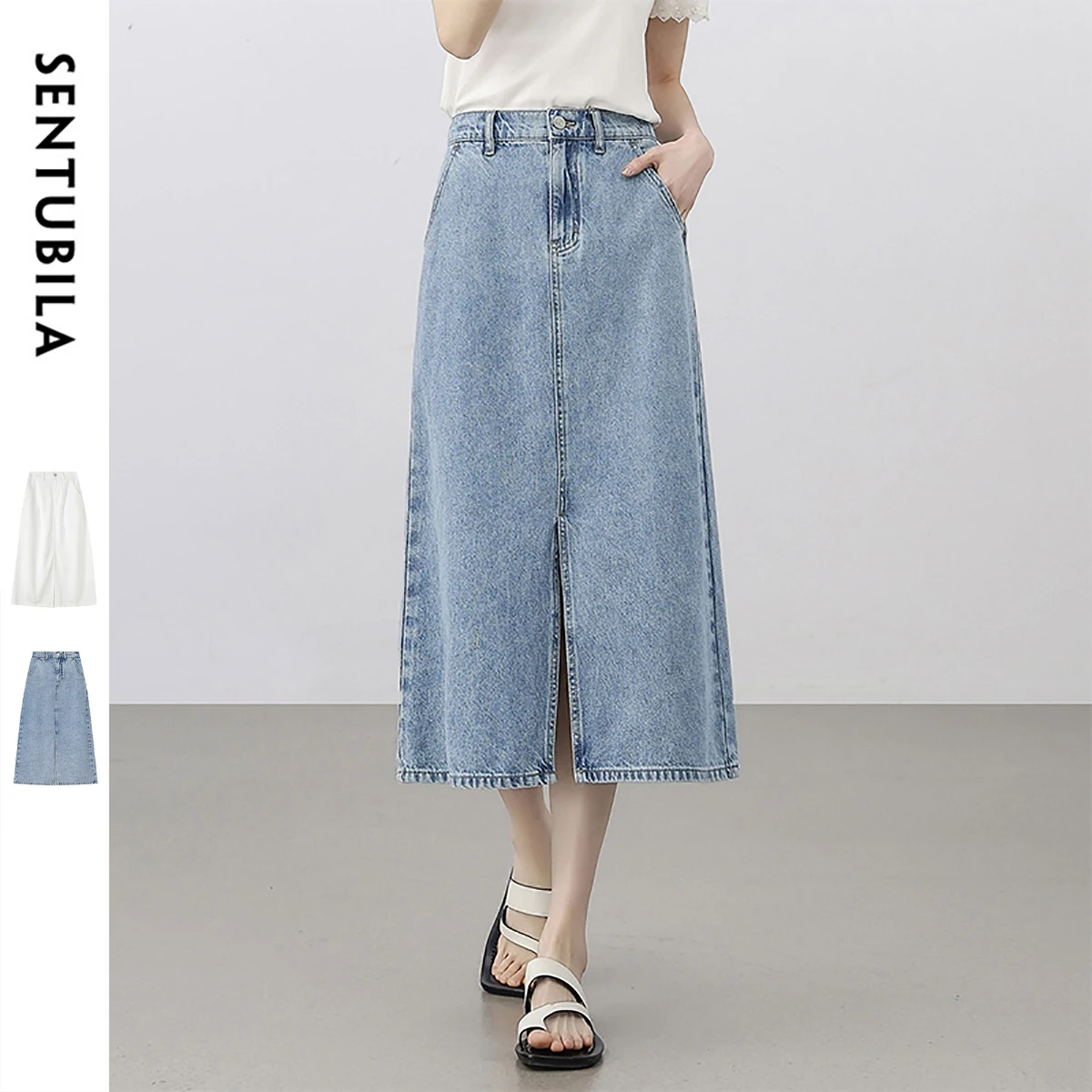

SENTUBILA Cotton Washed Skirts for Women 2025 A-line Slit Denim Commute Elatic Waist Elegant Skirt Woman Clothing W52Q80133