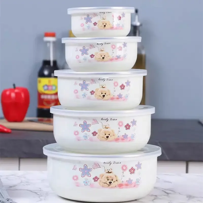 5Pcs/ enamel bowl Set Creative Flower Animal Enamel Bowls Salad Food Bowls with Plastic Covers for Home Kitchen ceramic bowl