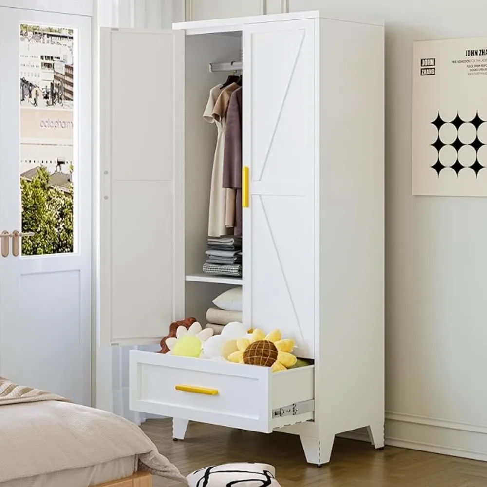

71 Farmhouse Metal Wardrobe Closet w/Hanging Rod, 2 Barn Doors, Adjustable Shelves, Steel Armoire w/Drawer for Home, Bedroom