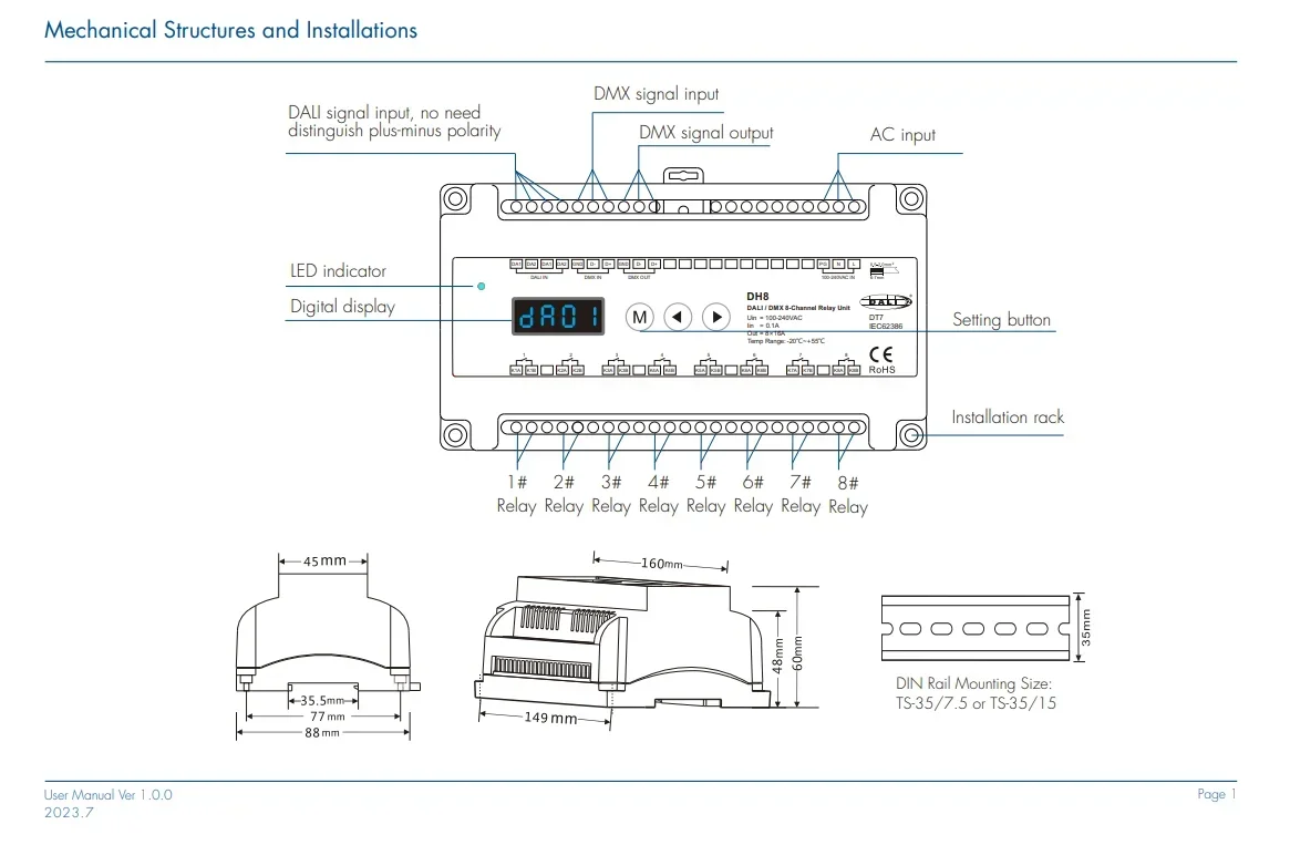 DH8 (DT7) Guida Din 8CH * 16A DALI e DMX RDM Controller unità relè a 8 canali Display numerico DC100-240V per luci a LED