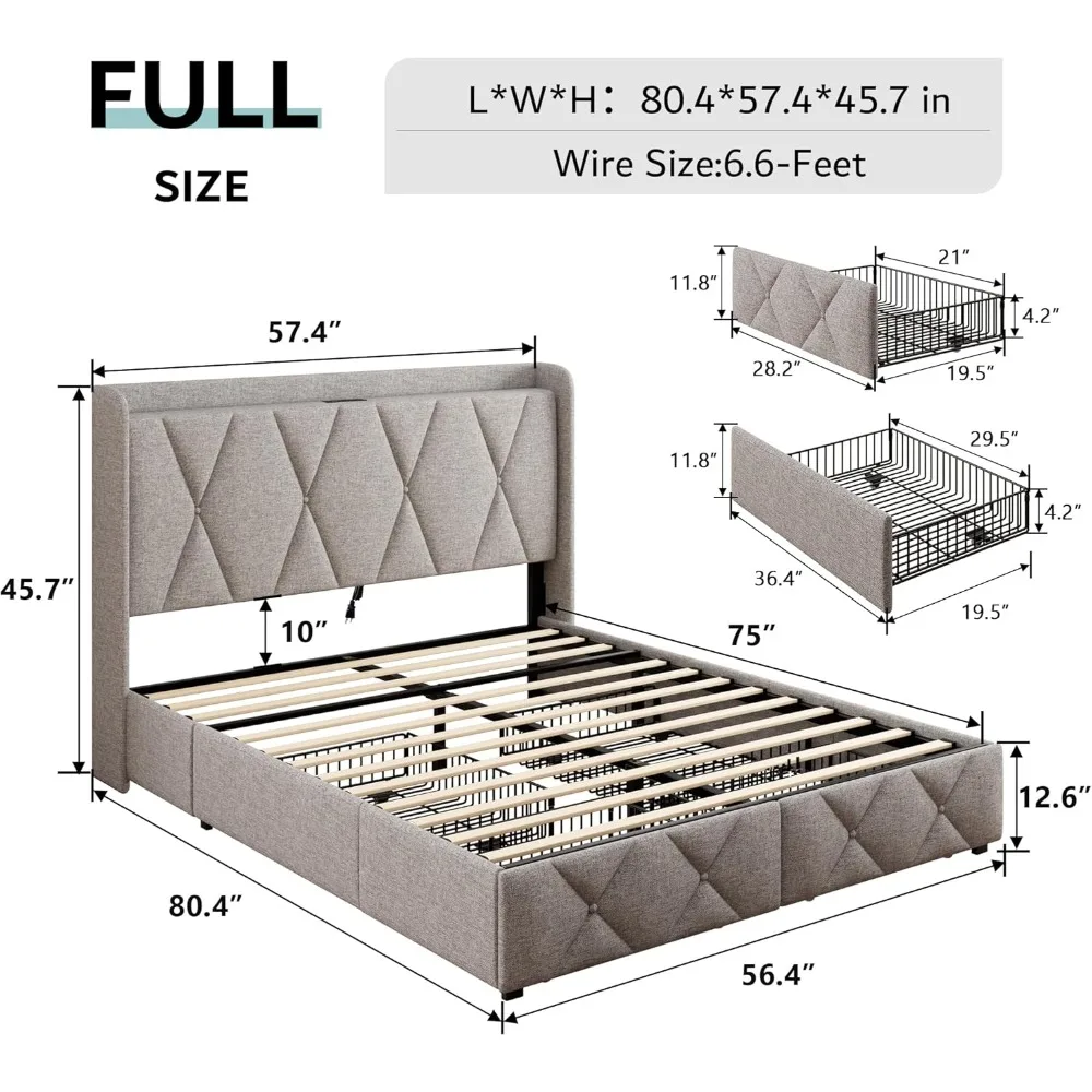 Bed Frame with 4 Storage Drawers, Upholstered Platform Bed Frame with Charging Station, Modern Wingback Storage Headboard