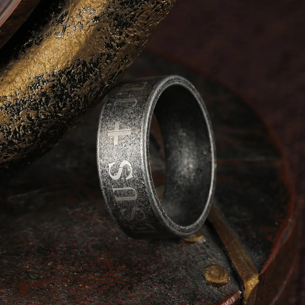 خمر الرجال الفولاذ المقاوم للصدأ الكتاب المقدس الآية يسوع الصليب خواتم للرجال الصليب المسيحي الدائري الرجال تميمة المجوهرات