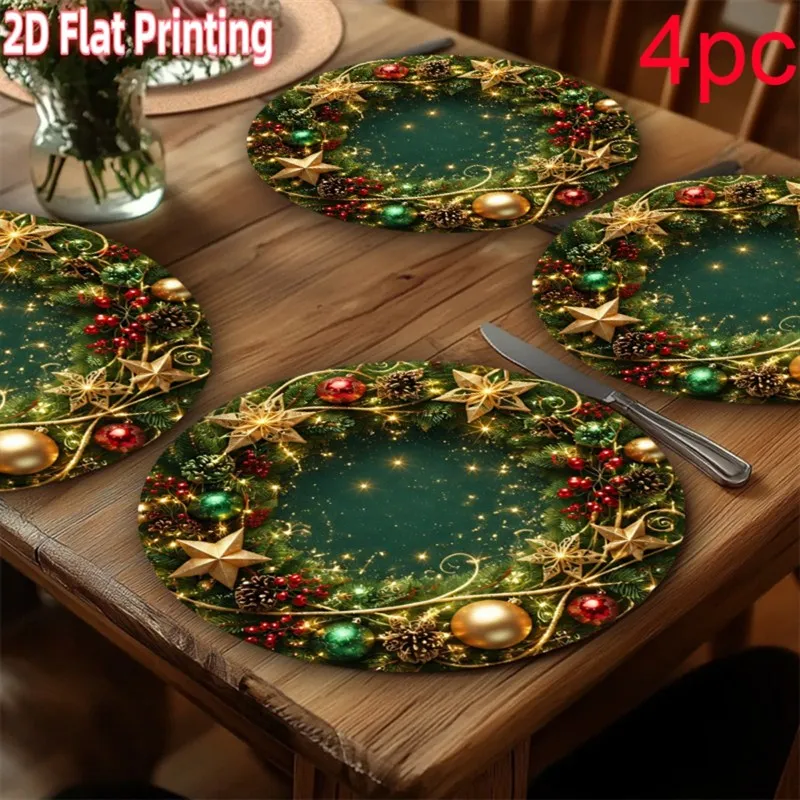VIKAMA Linen Round Placemats, Emerald Pine Wreath Gold Star, Washable Stain Resistant Easy Clean, Holiday Dining