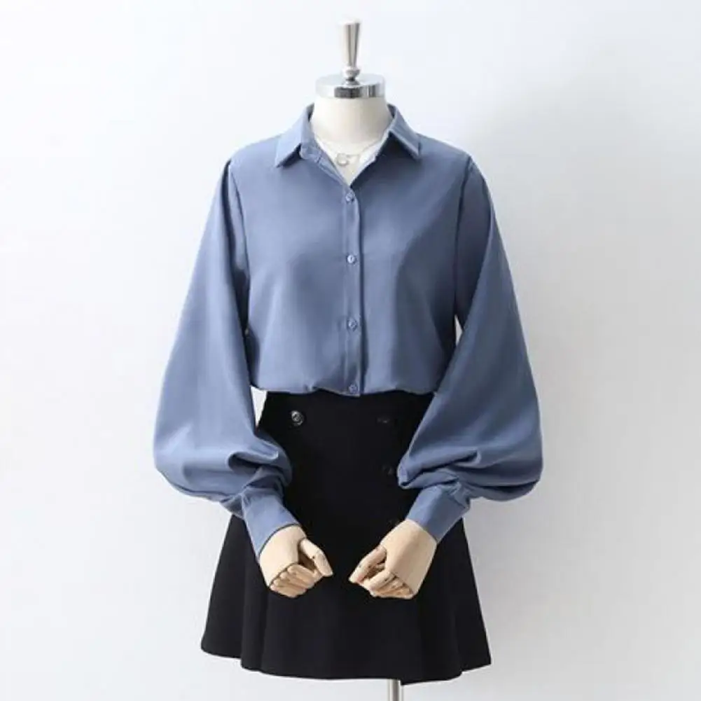 Breathable Women Blouse Lantern Sleeve Lapel Collar Women's Shirt Solid Color Loose Fit Work Casual Top for Daily Wear Solid