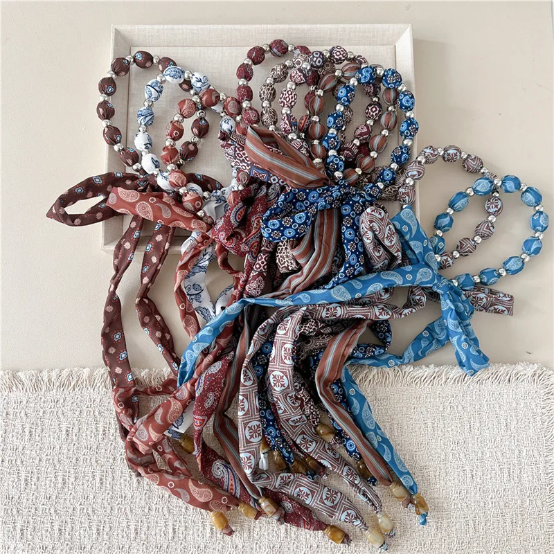 Print Slender Scarves with Bead Wrist Bag Ribbon Wraps Narrow Long Scarf Necklace Neck Ornament Neckerchief for Women Headband
