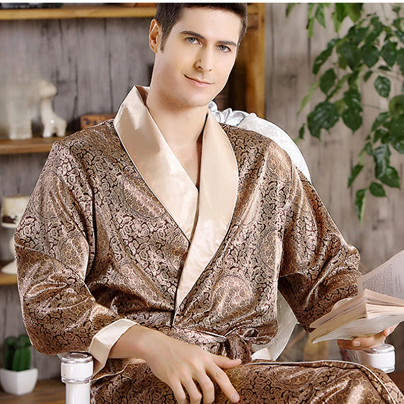 

5XL 4XL Men Robe Silk Bathrobe Soft Cozy Long Sleeve Nightgown One-Piece Kimono Men Bath Gown Printed Robes Home Satin Sleepwear