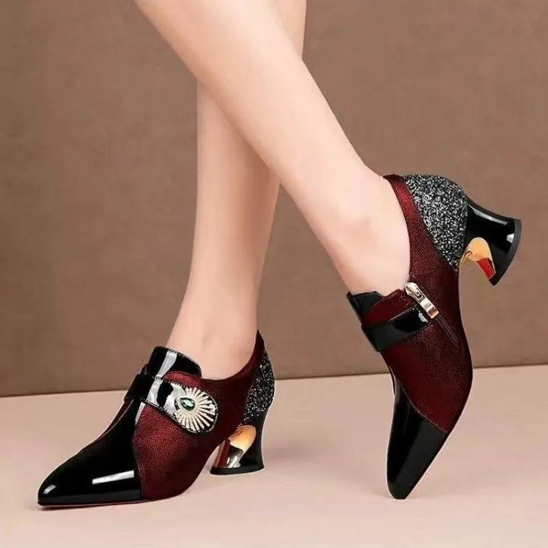 Boca profunda cor bloqueada salto alto 2025 primavera outono novo estilo salto grosso moda apontou lado zíper sapatos de couro