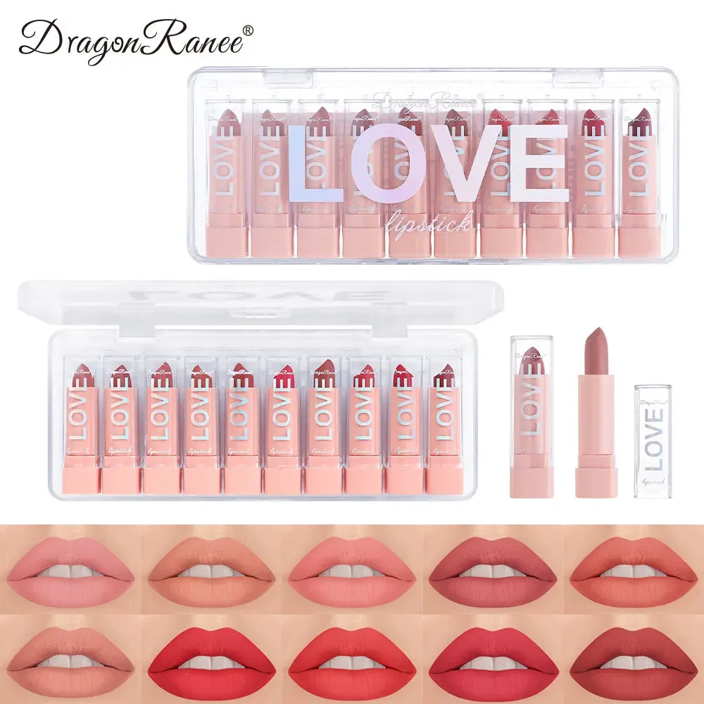 

Dragon Ranee 10 colors Mini Lipstick Gift Box Set Nude Matte Soft Fog Waterproof Non-Stick Cup High Pigment Mini Lip Gloss Set