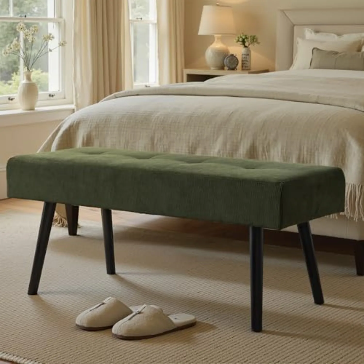 Entryway Bench - Green Bench for Bedroom, Modern Ottoman End of Bed, Corduroy Padded Benches for Living Room, Foyer