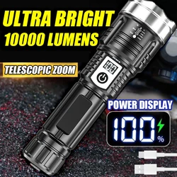 High Power 10000LM LED Flashlight Built-in Battery USB Rechargeable Zoom Tactical Strong Light Torch Outdoor Camping Hiking Lamp