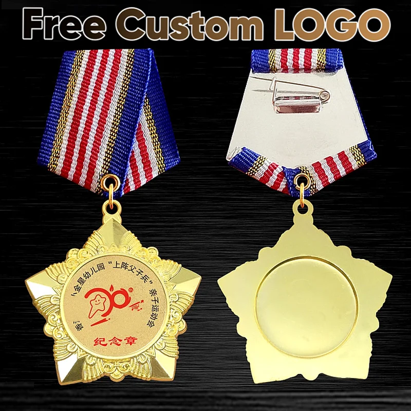 1PCS Free Customizable 5cm Pentagram Shape Ribbon Style Honor Medal Personalized Metal Commemorative Medal for School Sports