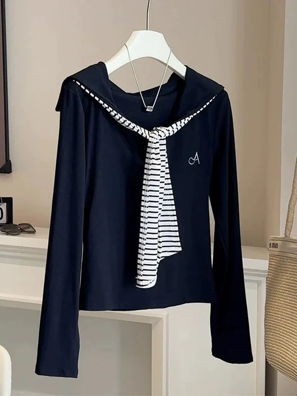 Slim Fit Striped Long Sleeve T-Shirt Women's Early Autumn New Style Color Block Navy Collar Top Trendy Shoulder Wrap Belted S...