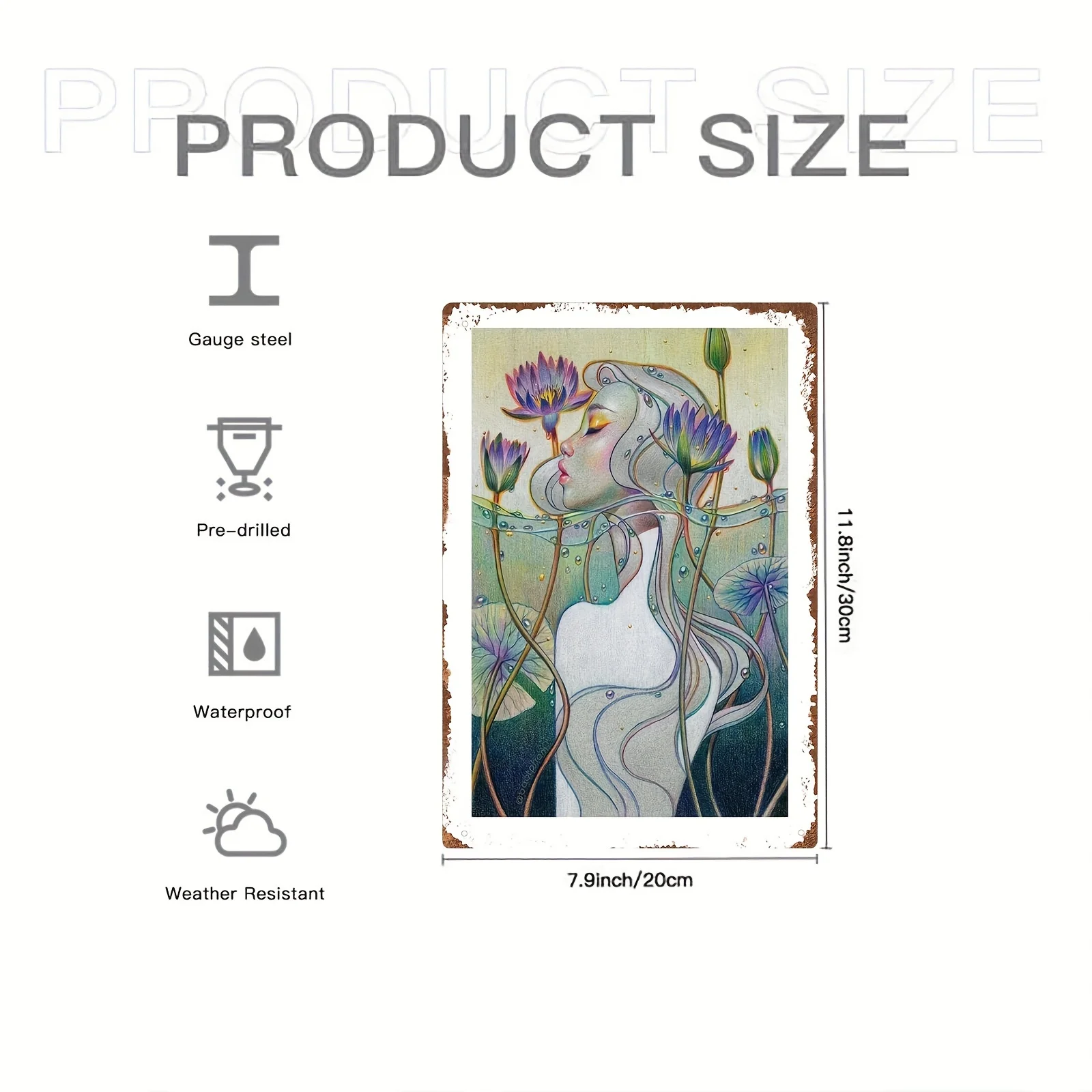 Room Decor Art Nouveau Floral Woman Illustration, Waterproof Wrought Iron Wall Art, 8x12 inches ,Hanging Artwork for Home Decor