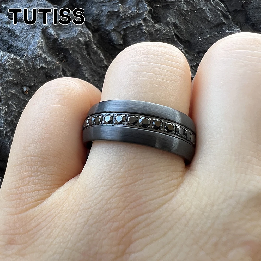 TUTISS 8mm Domed Brushed CZ Stone Inlay Black Tungsten Ring for Men Women Eternity Fashion Engagement Wedding Band