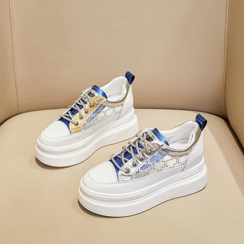 

NEW Autumn Leather Breathable Mesh Shoes Splicing Mixed Colors Women Sneakers Sandals Internal Elevation Wedges Trendy Sneaker