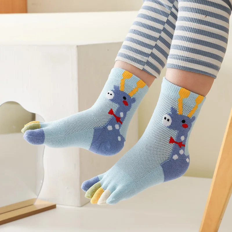 5 Pairs Children Cartoon Thin Cotton Five Finger Socks Summer Mesh Cute Giraffe Animal Socks with Toes for Baby Boys Girls Gift