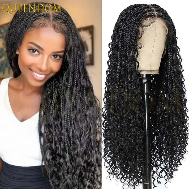 

Synthetic Boho Box Braided Wigs Curly Hair Full Lace Front Wigs for Black Women Goddess Faux Locs Wig Bohemian Box Braid Wig