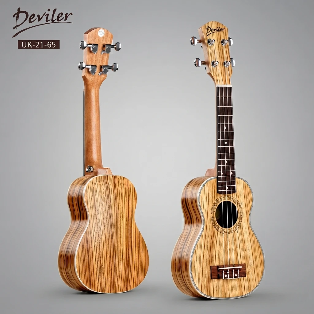 Unified Zebra Grain Soprano Ukulele, Full Striped Body, 4 Strings, Silver Closed Tuners, Decorative Rosette for Beginners