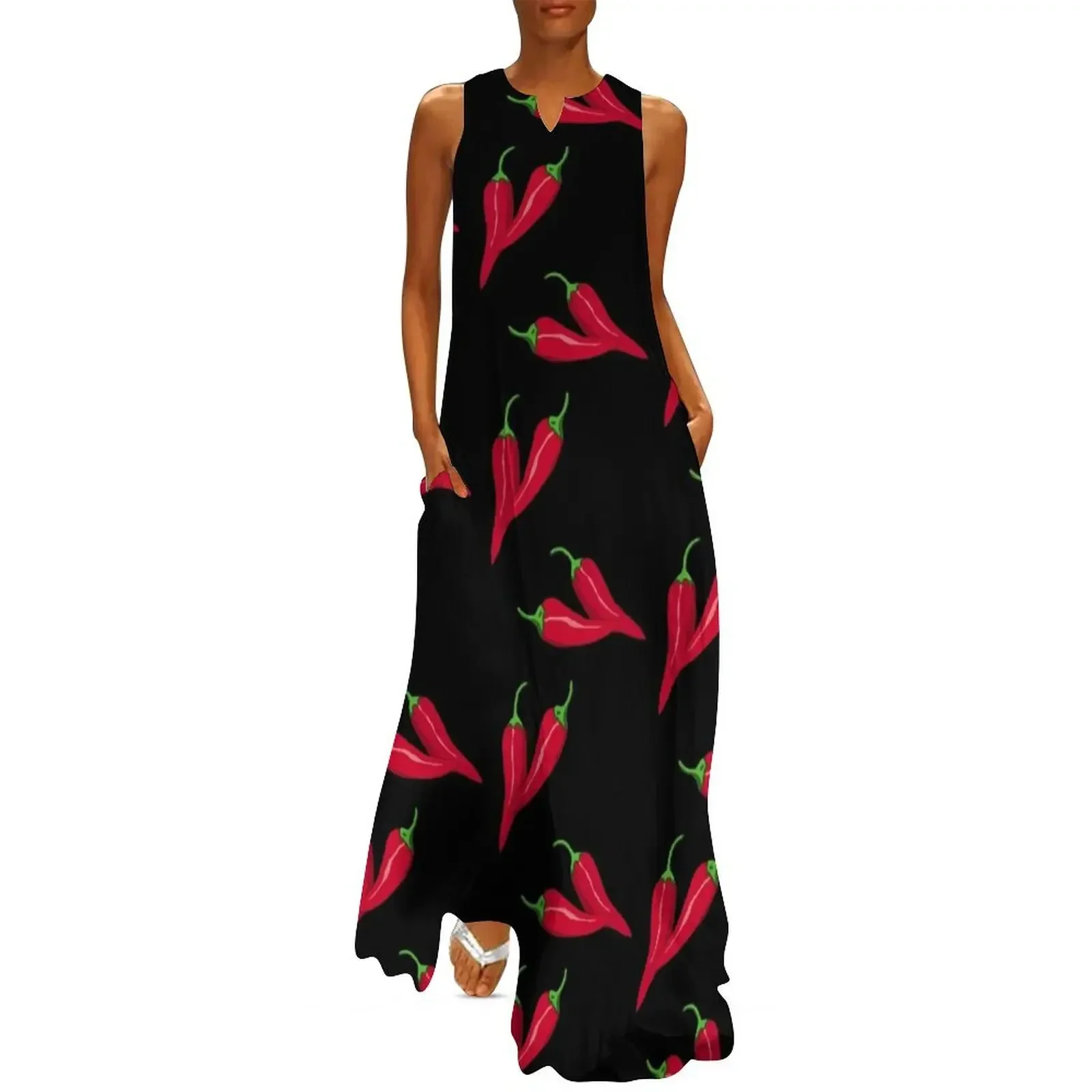 

Spicy red chilli pattern, hot peppers at black Long Dress dresses summer Dress