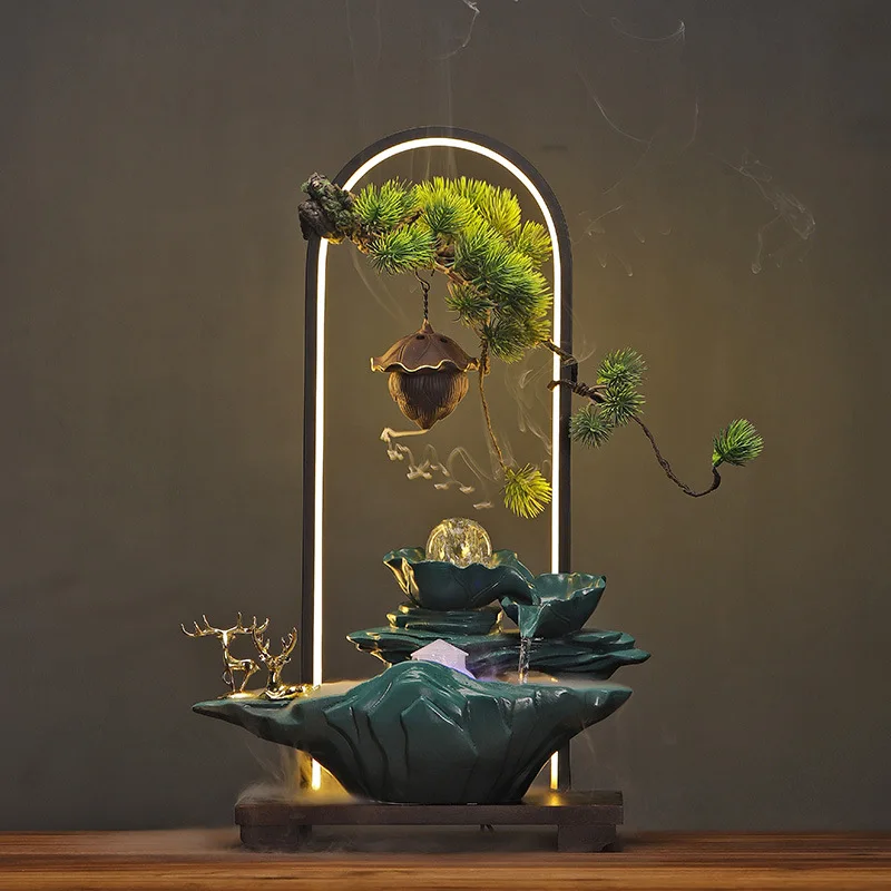 

Lucky Flowing Water Fountain Ornament Chinese Lamp Ring Backflow Incense Burner Circulating Water Shengcai Office Housewarming O