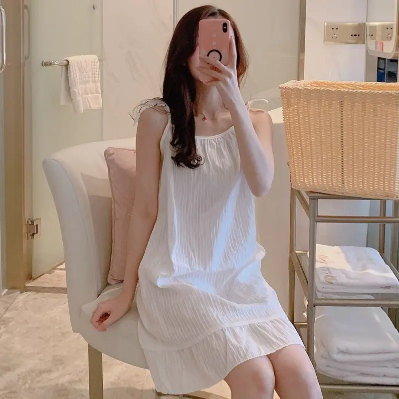 

2026 Summer Sexy Lingerie Spaghetti Strap 100% Cotton Nightgowns for Women Korean Sleepwear Night Dress Nightdress Home Nighty