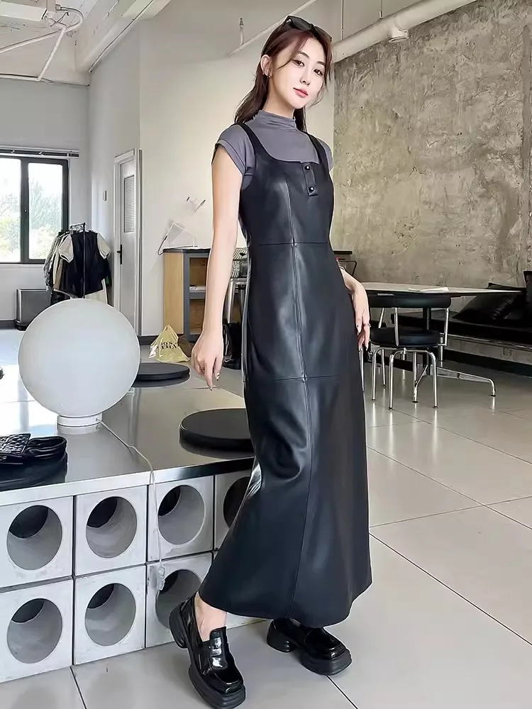 New Sleeveless Genuine Leather Dress Women High Waist Slim Fit Elegant Tank Dresses Lady Black Real Sheepskin Strap Long Dress