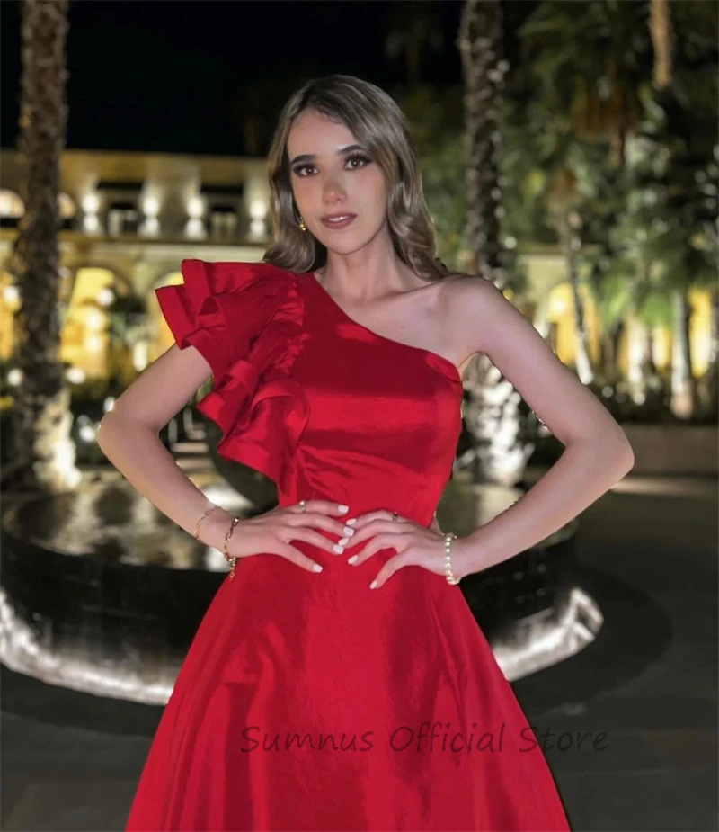 SUMNUS Elegant Red Satin Night Prom Dresses A Line Side Slit Ruffles One Shoulder Custom Formal Evening Gowns Vestidos De Fiesta