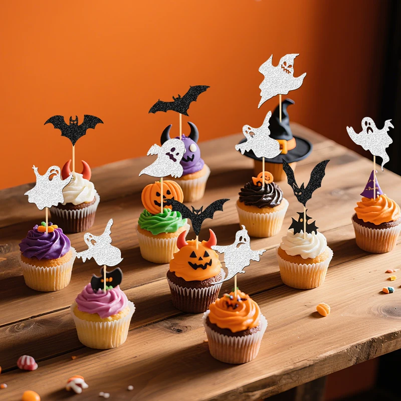 NUBECOM 24 Stück Halloween-Kuchenaufsätze, glitzernde Geister- und Fledermaus-Cupcake-Topper, Geburtstagskuchen-Dekoration, Halloween-Party-Kuchendekoration – Detail 6