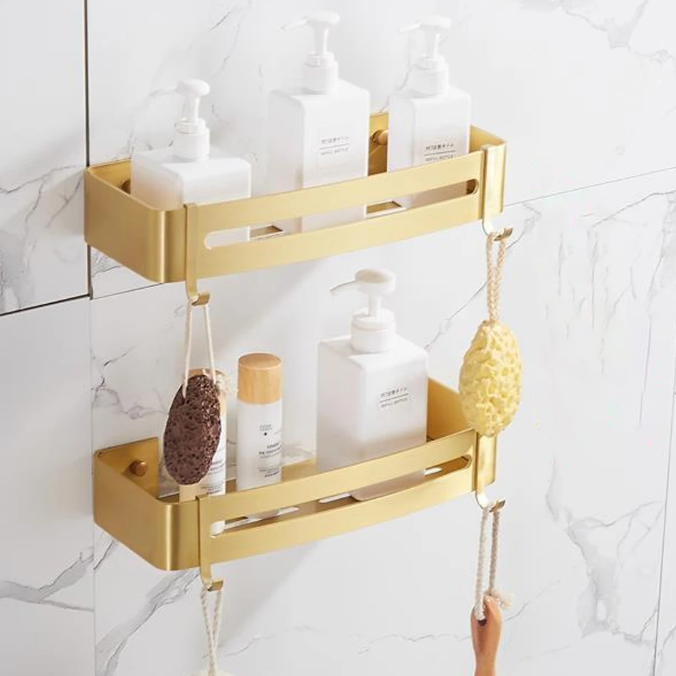 Aluminum Bathroom Shelf with Hooks Rectangle Kitchen Bathroom Shower Gel Soap Shampoo Brushed Gold Storage Organizer Rack Holder