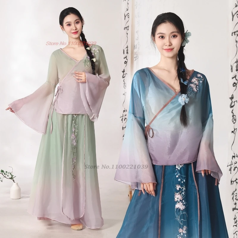 

2026 chinese vintage dance costume gradient color mesh tops+skirt set vintage chiffon dress stage performance folk dance dress