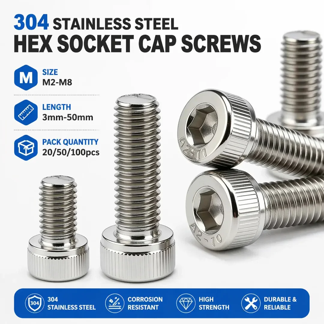 20-100pcs M2 M3 M4 M5 M6 304 A2-70 Stainless Steel DIN912 Hexagon Hex Socket Cap Allen Head Bolt Screw