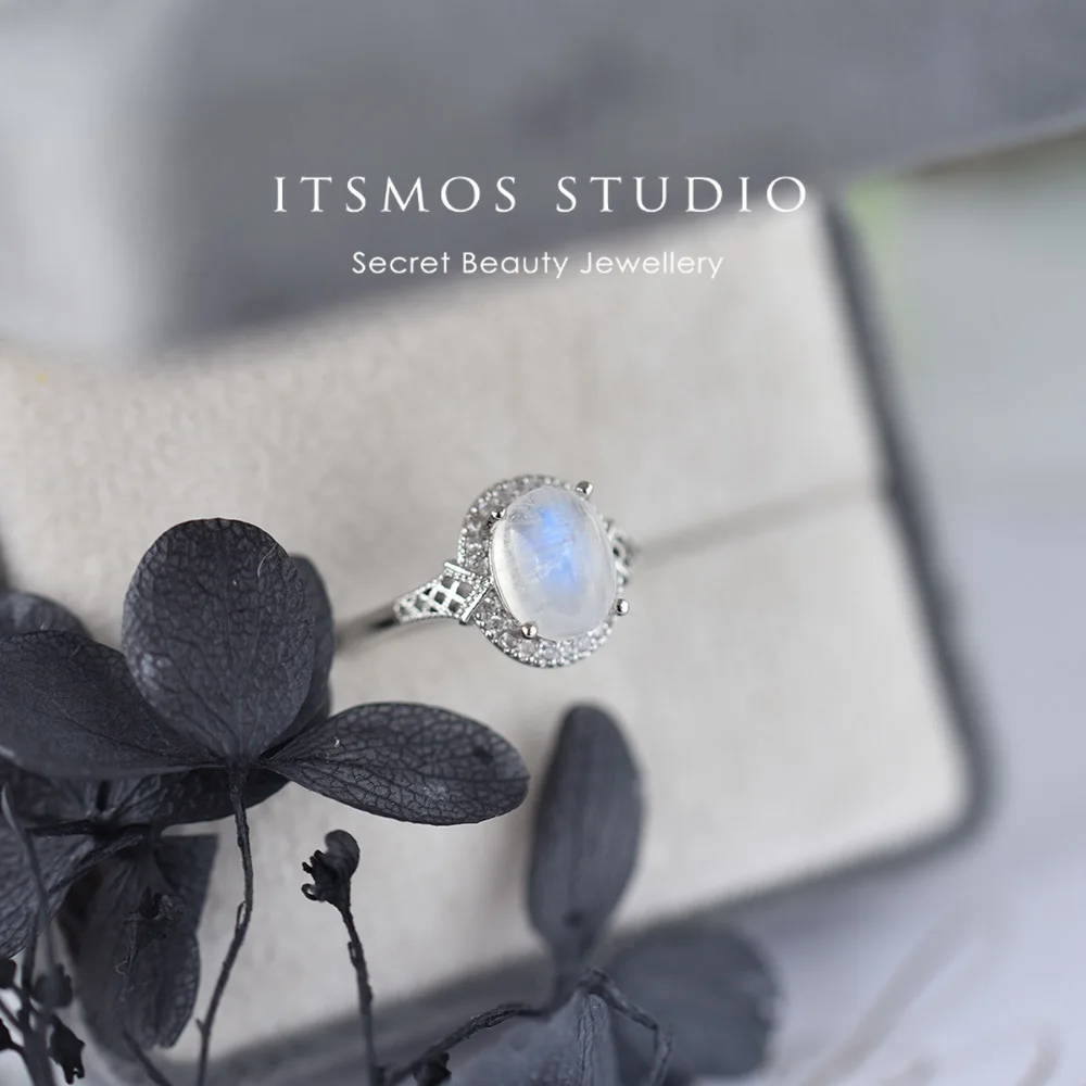 

ITSMOS Moonstone Engagement Ring Ethereal Blue Sheen Vintage Lattice Band Halo Diamond Accents Bridal Statement Ring for women
